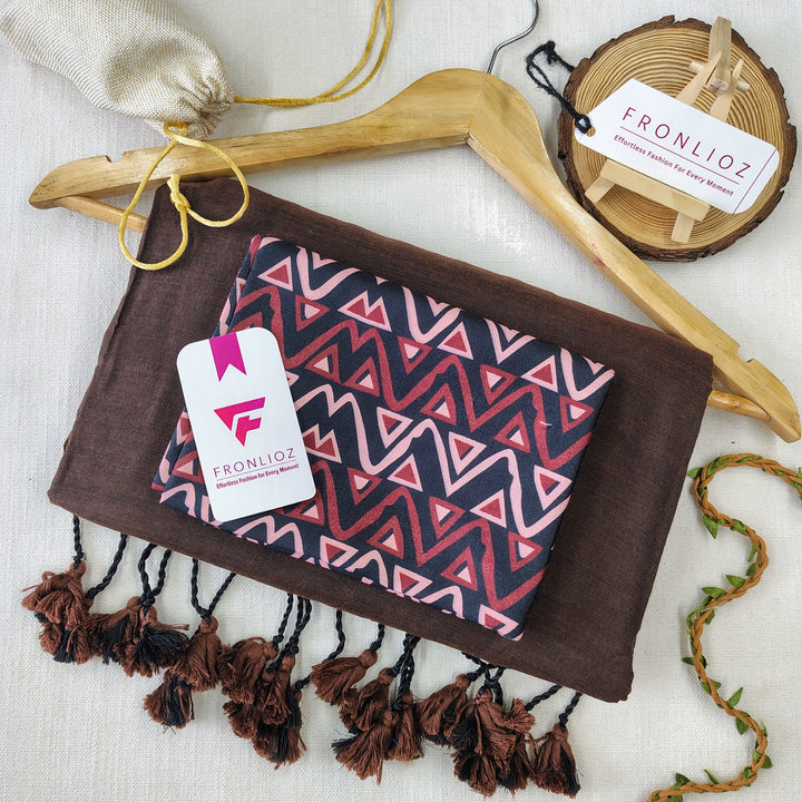Coffee Handloom Cotton Saree With Tassels & Printed Blouse-Fronlioz