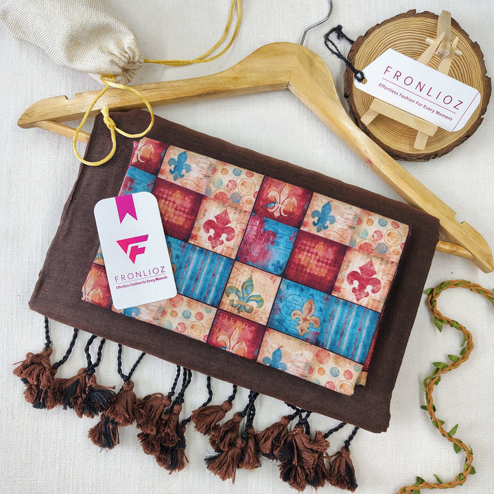 Coffee Handloom Cotton Saree With Tassels & Printed Blouse-Fronlioz