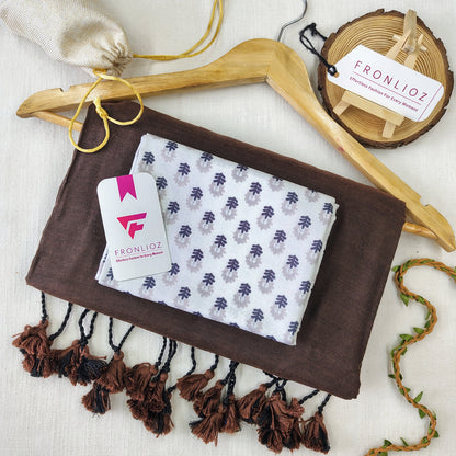 Coffee Handloom Cotton Saree With Tassels & Printed Blouse-Fronlioz