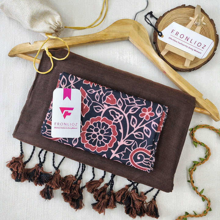 Coffee Handloom Cotton Saree With Tassels & Printed Blouse-Fronlioz