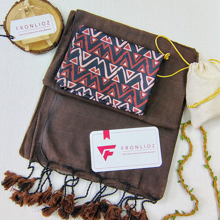 Coffee Handloom Cotton Saree With Tassels & Printed Blouse-Fronlioz