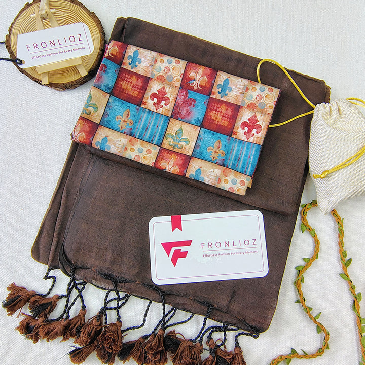 Coffee Handloom Cotton Saree With Tassels & Printed Blouse-Fronlioz