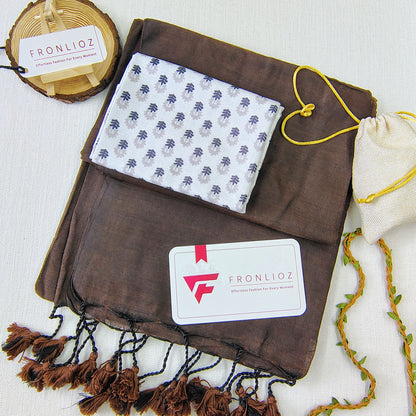 Coffee Handloom Cotton Saree With Tassels & Printed Blouse-Fronlioz