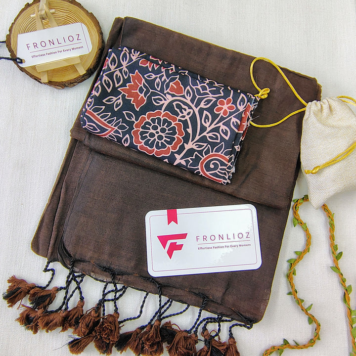 Coffee Handloom Cotton Saree With Tassels & Printed Blouse-Fronlioz
