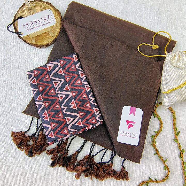 Coffee Handloom Cotton Saree With Tassels & Printed Blouse-Fronlioz