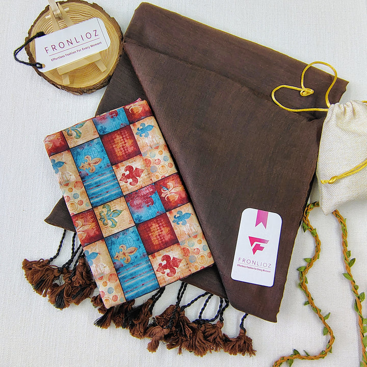 Coffee Handloom Cotton Saree With Tassels & Printed Blouse-Fronlioz