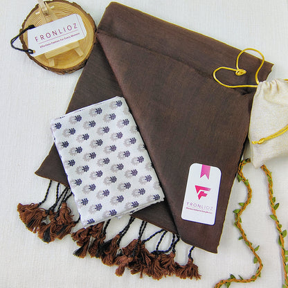 Coffee Handloom Cotton Saree With Tassels & Printed Blouse-Fronlioz