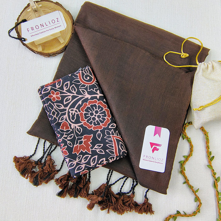 Coffee Handloom Cotton Saree With Tassels & Printed Blouse-Fronlioz
