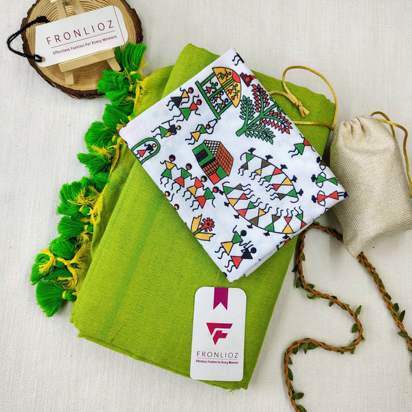 Parrot Handloom Cotton Saree With Tassels & Printed Blouse-Fronlioz