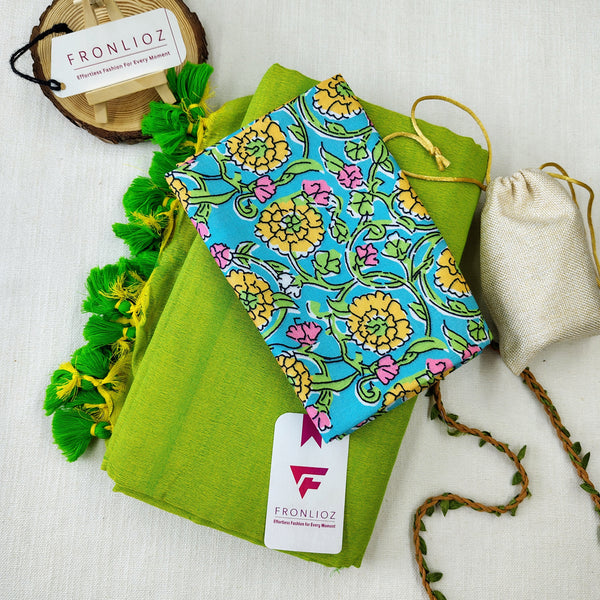 Parrot Handloom Cotton Saree With Tassels & Printed Blouse-Fronlioz