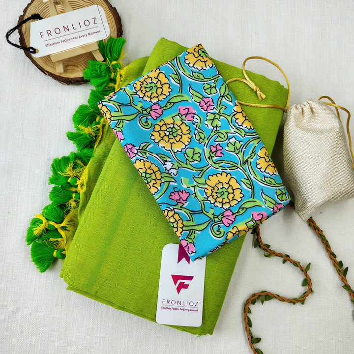 Parrot Handloom Cotton Saree With Tassels & Printed Blouse-Fronlioz
