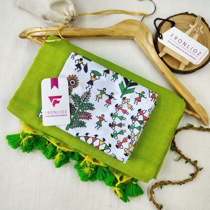 Parrot Handloom Cotton Saree With Tassels & Printed Blouse-Fronlioz