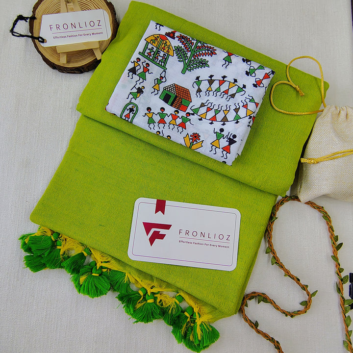 Parrot Handloom Cotton Saree With Tassels & Printed Blouse-Fronlioz