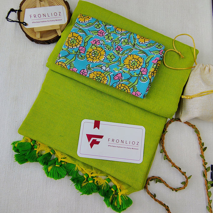 Parrot Handloom Cotton Saree With Tassels & Printed Blouse-Fronlioz