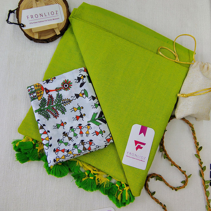 Parrot Handloom Cotton Saree With Tassels & Printed Blouse-Fronlioz
