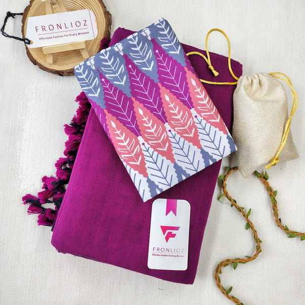 Purple Handloom Cotton Saree With Tassels & Printed Blouse-Fronlioz