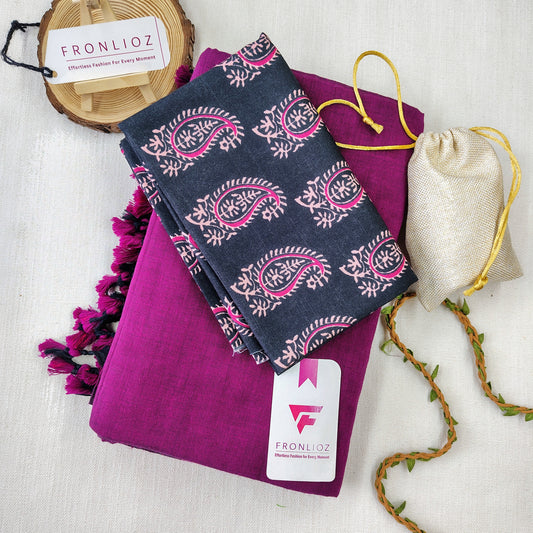 Purple Handloom Cotton Saree With Tassels & Printed Blouse-Fronlioz
