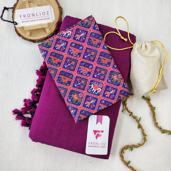 Purple Handloom Cotton Saree With Tassels & Printed Blouse-Fronlioz