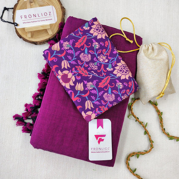 Purple Handloom Cotton Saree With Tassels & Printed Blouse-Fronlioz