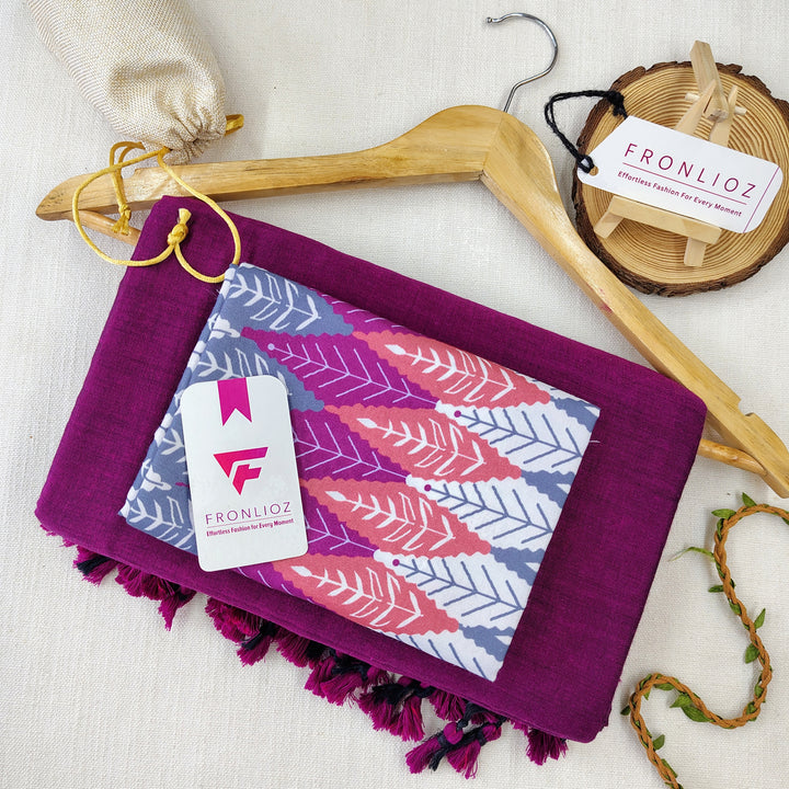 Purple Handloom Cotton Saree With Tassels & Printed Blouse-Fronlioz