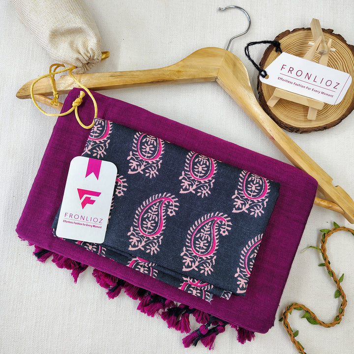Purple Handloom Cotton Saree With Tassels & Printed Blouse-Fronlioz