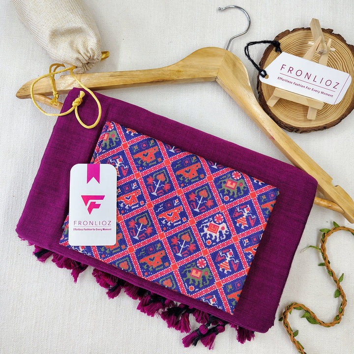 Purple Handloom Cotton Saree With Tassels & Printed Blouse-Fronlioz
