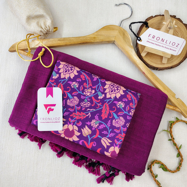 Purple Handloom Cotton Saree With Tassels & Printed Blouse-Fronlioz