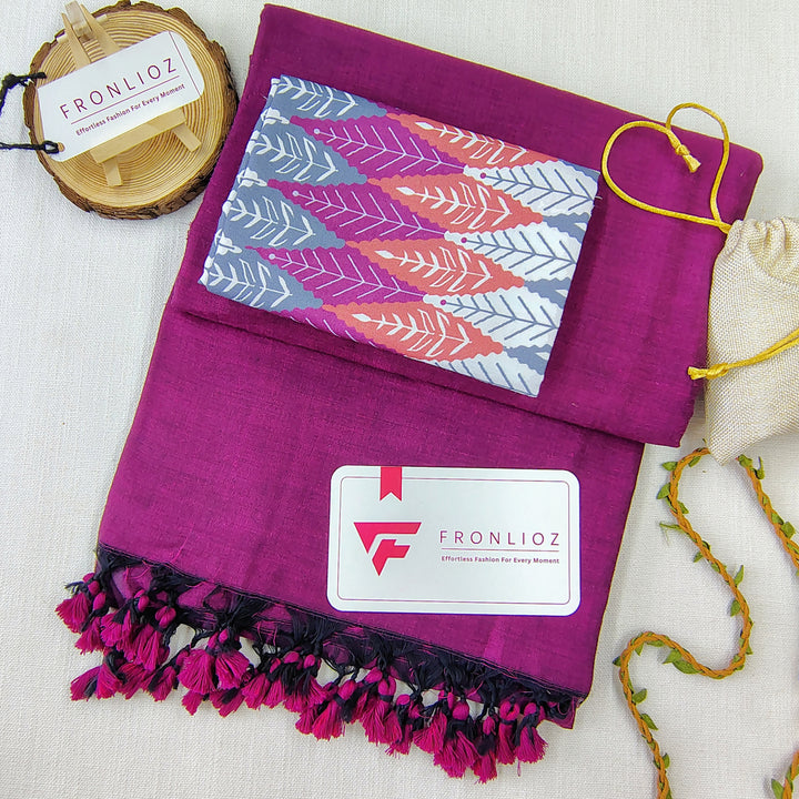 Purple Handloom Cotton Saree With Tassels & Printed Blouse-Fronlioz