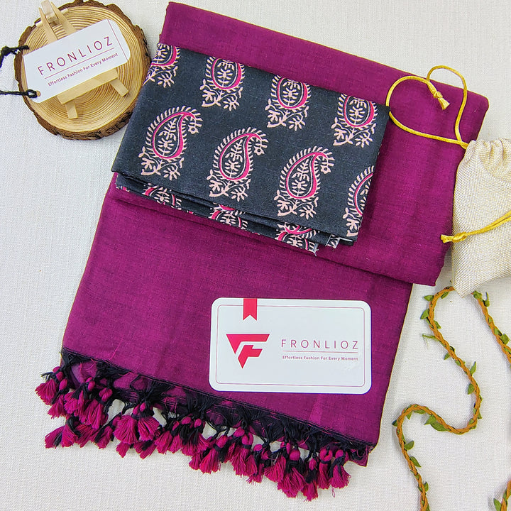 Purple Handloom Cotton Saree With Tassels & Printed Blouse-Fronlioz