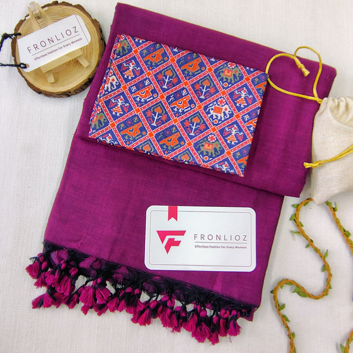 Purple Handloom Cotton Saree With Tassels & Printed Blouse-Fronlioz