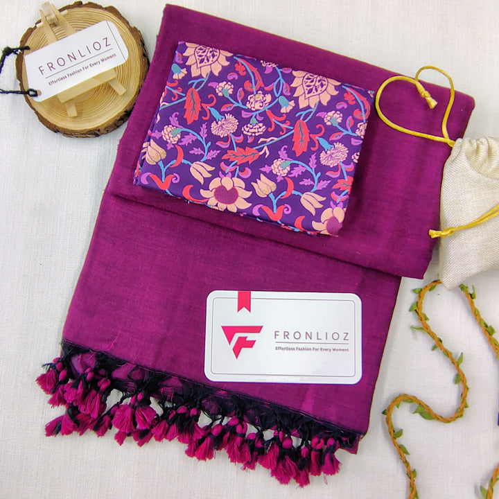 Purple Handloom Cotton Saree With Tassels & Printed Blouse-Fronlioz