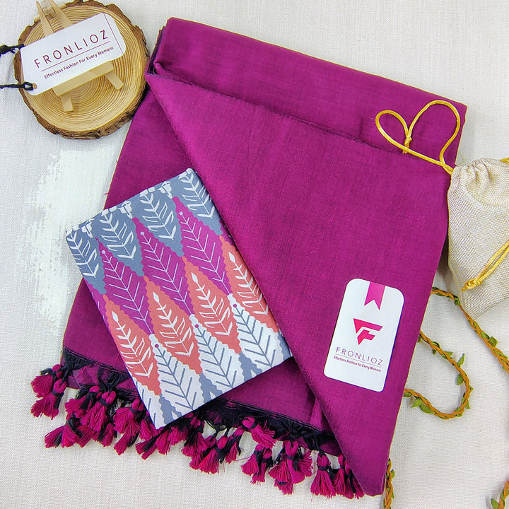 Purple Handloom Cotton Saree With Tassels & Printed Blouse-Fronlioz