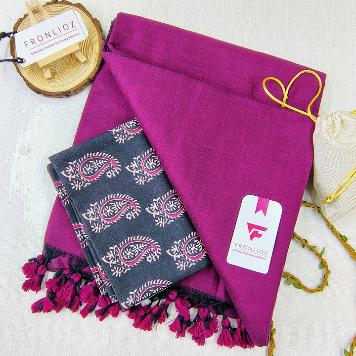 Purple Handloom Cotton Saree With Tassels & Printed Blouse-Fronlioz