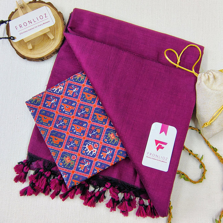 Purple Handloom Cotton Saree With Tassels & Printed Blouse-Fronlioz