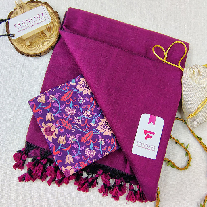 Purple Handloom Cotton Saree With Tassels & Printed Blouse-Fronlioz