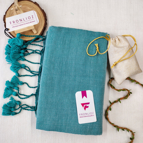 Teal Handloom Cotton Saree With PomPom-Fronlioz