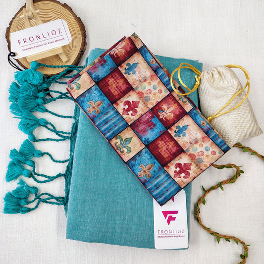 Teal Handloom Cotton Saree With Tassels & Printed Blouse-Fronlioz