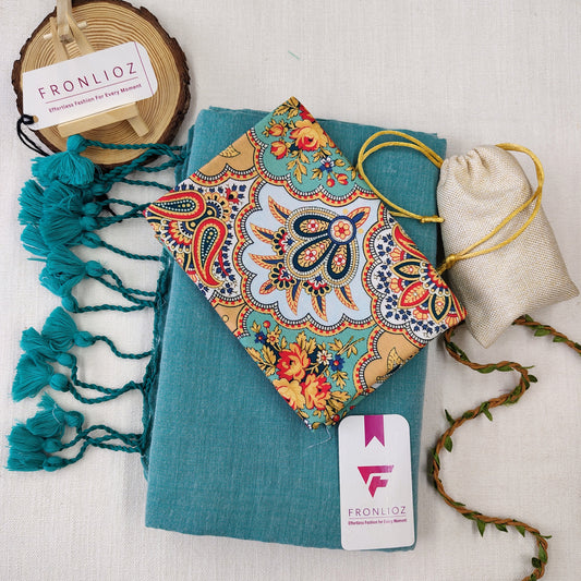 Teal Handloom Cotton Saree With Tassels & Printed Blouse-Fronlioz