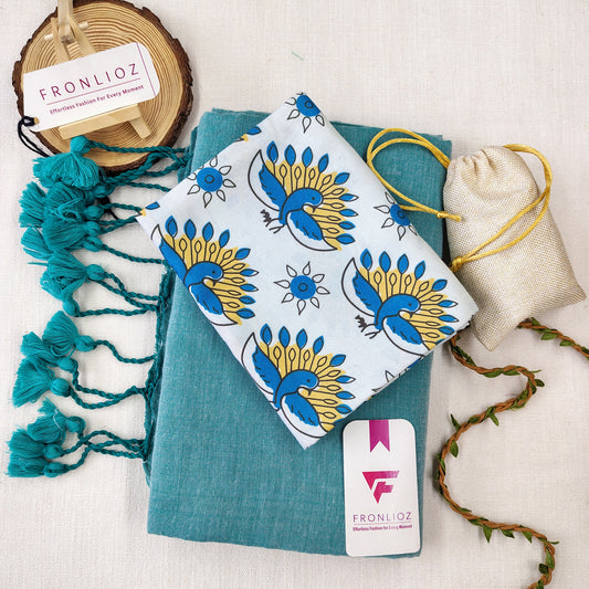 Teal Handloom Cotton Saree With Tassels & Printed Blouse-Fronlioz