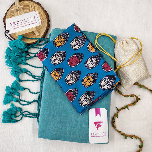 Teal Handloom Cotton Saree With Tassels & Printed Blouse-Fronlioz