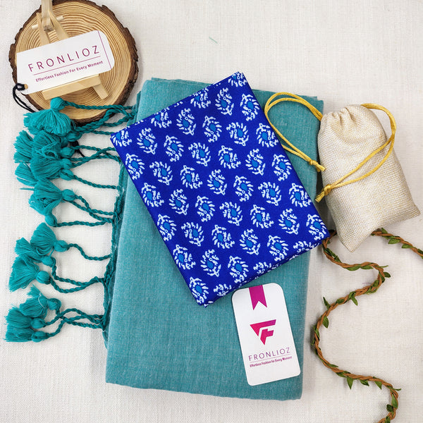 Teal Handloom Cotton Saree With Tassels & Printed Blouse-Fronlioz
