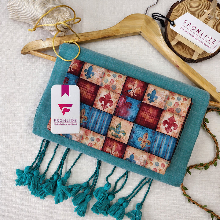Teal Handloom Cotton Saree With Tassels & Printed Blouse-Fronlioz