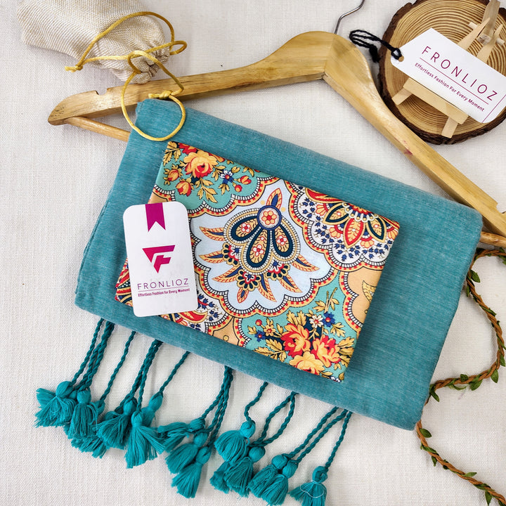 Teal Handloom Cotton Saree With Tassels & Printed Blouse-Fronlioz