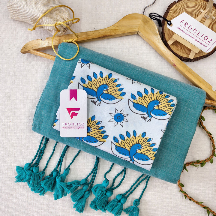 Teal Handloom Cotton Saree With Tassels & Printed Blouse-Fronlioz