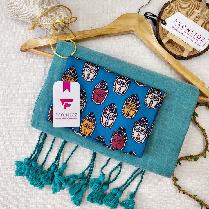 Teal Handloom Cotton Saree With Tassels & Printed Blouse-Fronlioz