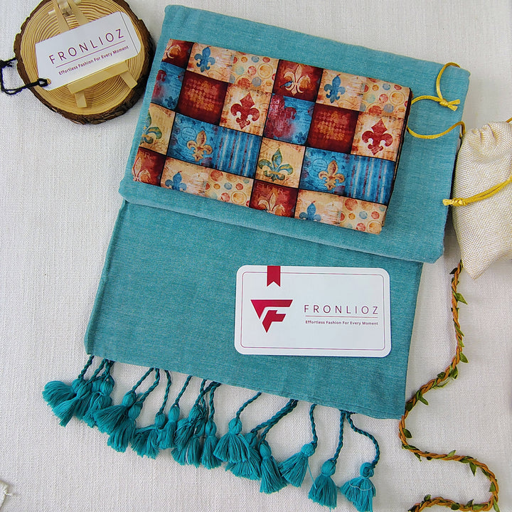 Teal Handloom Cotton Saree With Tassels & Printed Blouse-Fronlioz