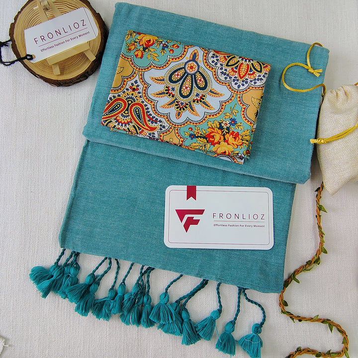 Teal Handloom Cotton Saree With Tassels & Printed Blouse-Fronlioz