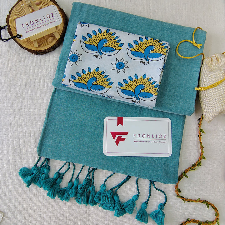 Teal Handloom Cotton Saree With Tassels & Printed Blouse-Fronlioz