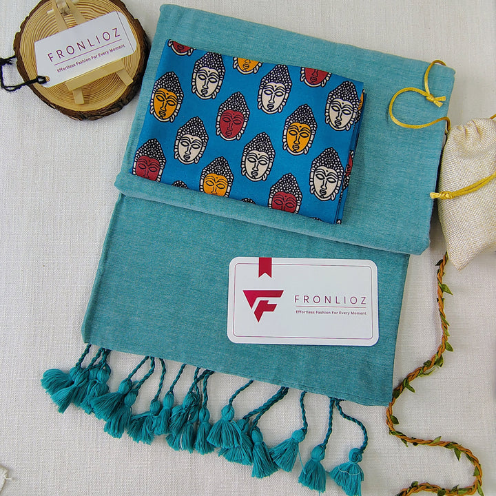 Teal Handloom Cotton Saree With Tassels & Printed Blouse-Fronlioz