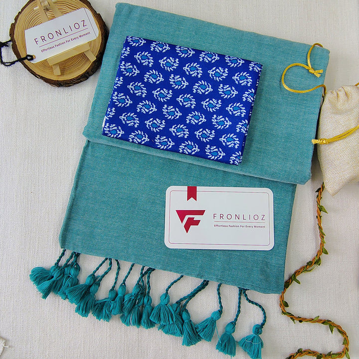 Teal Handloom Cotton Saree With Tassels & Printed Blouse-Fronlioz